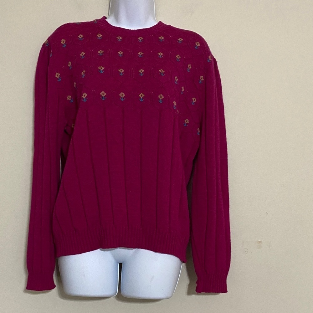 Pendleton Women L Fuchsia Sweater Embroidered foloral vintage knit Y2K wool